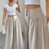 Cross-border European And American New Ladies' Fashion High-end Casual Solid Color Button Pleated Loose Wide-leg Floor-length Pants