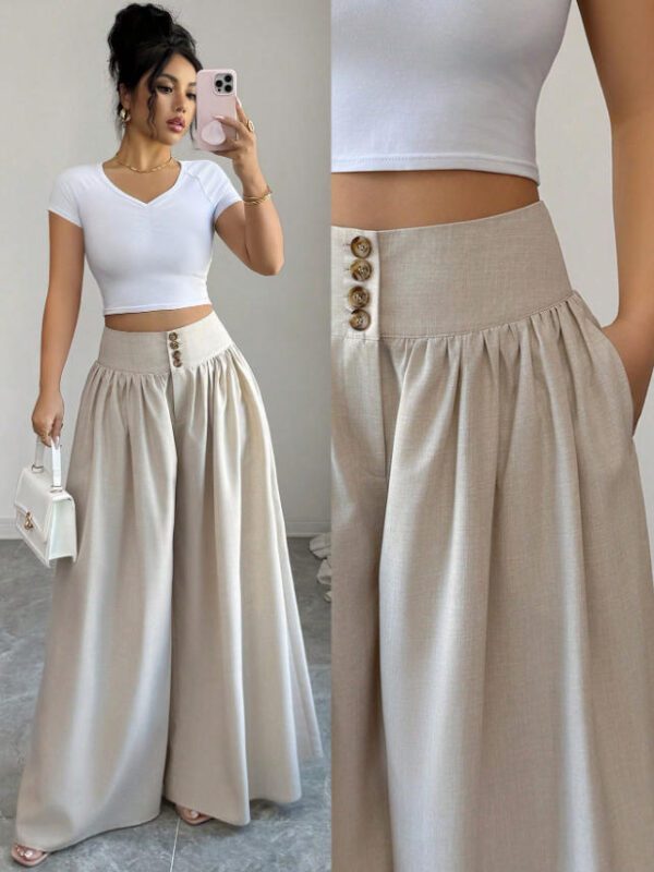 Cross-border European And American New Ladies' Fashion High-end Casual Solid Color Button Pleated Loose Wide-leg Floor-length Pants