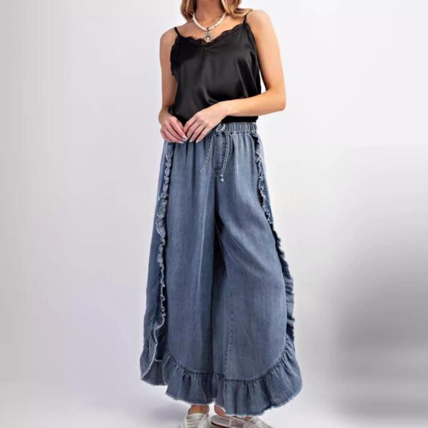 03355c90-6552-485f-b0e6-2acfa4974069_water.jpeg Womens Washed Cotton Denim Flared Pants With Ruffled Hem