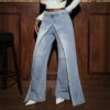 European And American Style Women's Jeans, Washed High-Waisted Double-Layer Split Straight-Leg Pants, Cross-Border Trendy Slim-Fit Floor-Length Denim Trousers