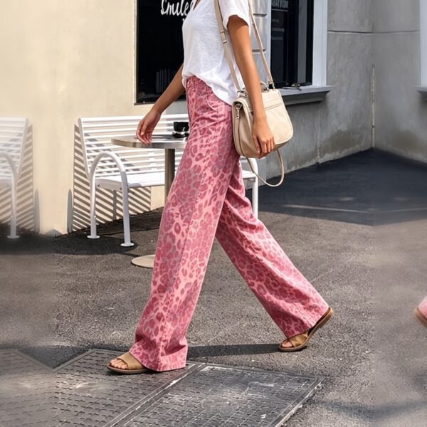 High‑Rise Pink Leopard Printed Wide Leg Denim Jeans For Women, Y2K Streetwear Baggy Trousers   Only Official Shipping Labels Are Supported