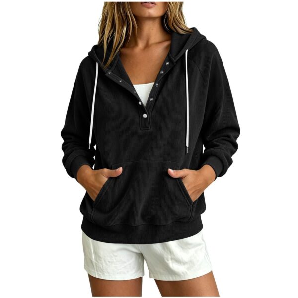 2026 Autumn New Style European Women's Dressy Corduroy Hooded Sweatshirt With Half-Closed Button And Drawstring Loose Top For Women