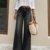 Vintage Washed Black High Waist Wide Leg Jeans Women Loose Floor Length Denim Pants Casual Relax Fit Pocket Retro Denim Trousers