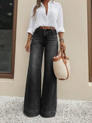 Vintage Washed Black High Waist Wide Leg Jeans Women Loose Floor Length Denim Pants Casual Relax Fit Pocket Retro Denim Trousers