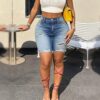 High Rise Ripped Distressed Denim Bermuda Shorts For Women, Medium Blue Wash Frayed Raw Hem Knee Length Jeans   Only Official Shipping Labels Are Supported
