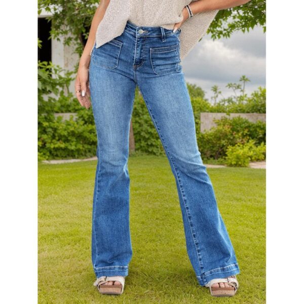 Women High Waist Front Double Pocket Washed Flare Denim Pants Slim Drape Jeans For Outdoor Garden Casual Daily Wear