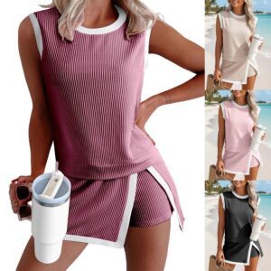 0ee7c87c-1c39-4488-bfd1-c43a68941763.jpg 2026 European And American Cross-Border Women's Clothing, New Summer Fashion Casual Set, Striped Short-Sleeve T-Shirt And Three-Quarter Pants Two-Piece Set