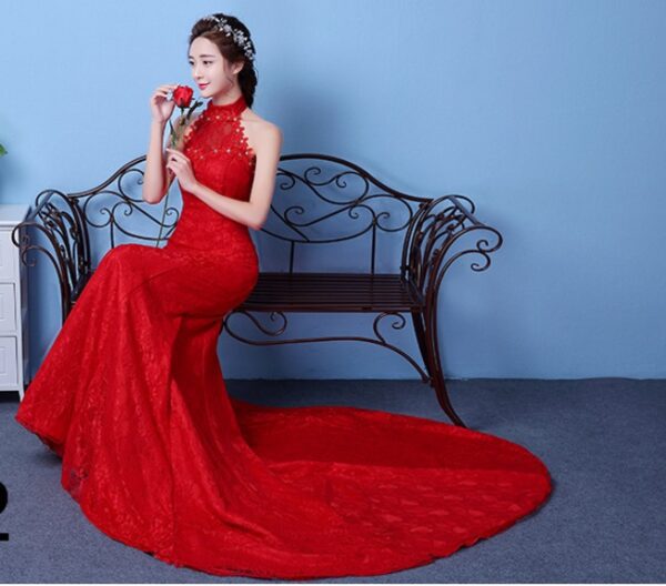 1161595943493.jpg Big Red Wedding Dress Bride Large Size Waist Fishtail Wedding Dress Fishtail Tail Korean Hanging Neck
