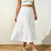 Cross-border European And American Plus-Size White Tiered Skirt, Elastic Waist With Drawstring, Ruffled Hem, Mid-Length A- Line Maxi Skirt