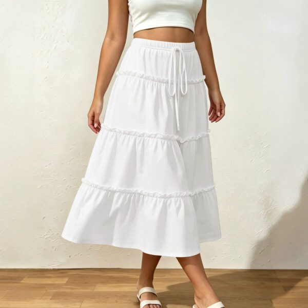 Cross-border European And American Plus-Size White Tiered Skirt, Elastic Waist With Drawstring, Ruffled Hem, Mid-Length A- Line Maxi Skirt