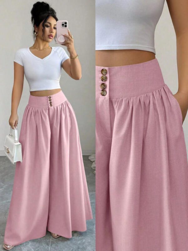 Cross-border European And American New Ladies' Fashion High-end Casual Solid Color Button Pleated Loose Wide-leg Floor-length Pants