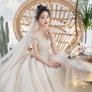 1619503704136.jpg One-Shoulder Main Wedding Dress New Temperament Forest Super Fairy Dream Little Bride Han Trailing Starry Sky