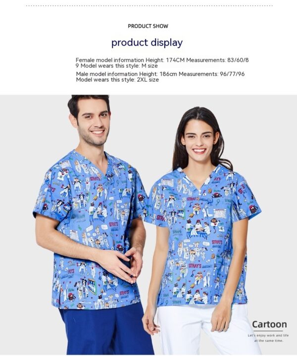 1742357085657632768.jpg Printed Surgical Gown Polyester Cotton Short Sleeve Doctor Nurses' Uniform Children's Beauty Salon Split Suit