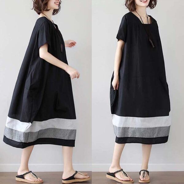 17a7fc44-783d-495d-a7a8-09556df039e4.jpg Cotton And Linen Short Sleeve Dress Large Size Women's Mid Length