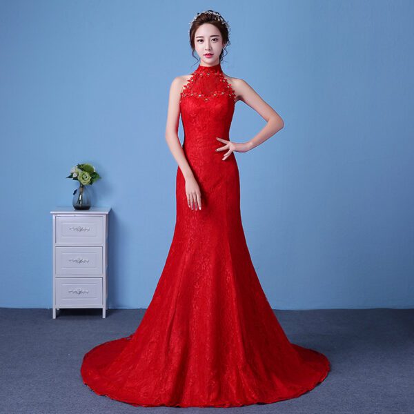 1990214839824.jpg Big Red Wedding Dress Bride Large Size Waist Fishtail Wedding Dress Fishtail Tail Korean Hanging Neck