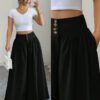 Cross-border European And American New Ladies' Fashion High-end Casual Solid Color Button Pleated Loose Wide-leg Floor-length Pants