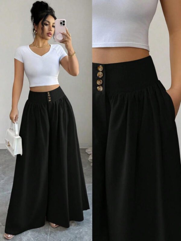 Cross-border European And American New Ladies' Fashion High-end Casual Solid Color Button Pleated Loose Wide-leg Floor-length Pants
