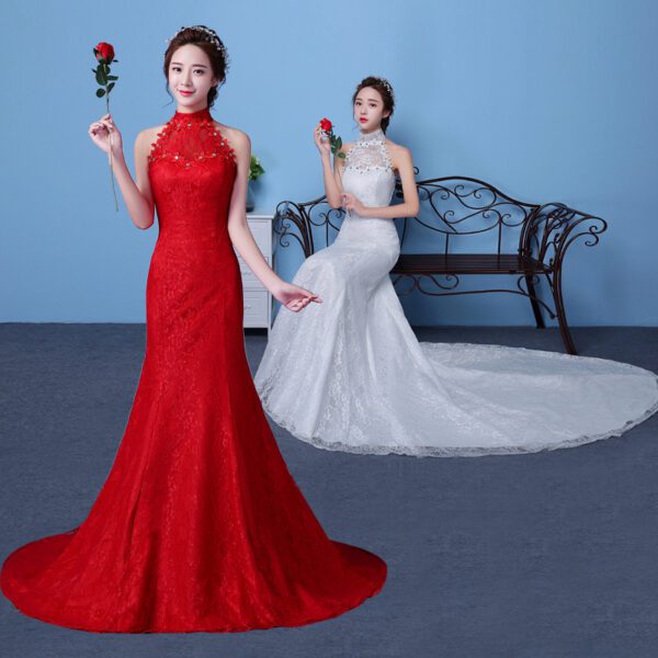 2099882025384.jpg Big Red Wedding Dress Bride Large Size Waist Fishtail Wedding Dress Fishtail Tail Korean Hanging Neck
