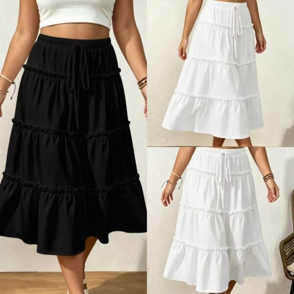 Cross-border European And American Plus-Size White Tiered Skirt, Elastic Waist With Drawstring, Ruffled Hem, Mid-Length A- Line Maxi Skirt