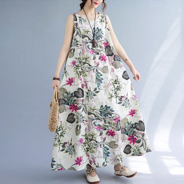 2482177f-4b33-4e0e-8c4c-8f8330d7c536.jpg Printed Cotton Linen Round Neck Sleeveless Dress Women's