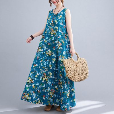 258241e0-e934-4469-8699-dc74922e0063.jpg Printed Cotton Linen Round Neck Sleeveless Dress Women's