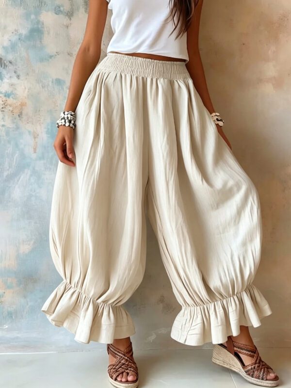2026 Summer New Cross-Border European And American Style Loose Casual Cotton And Linen Ruffle Lantern Pants For Women
