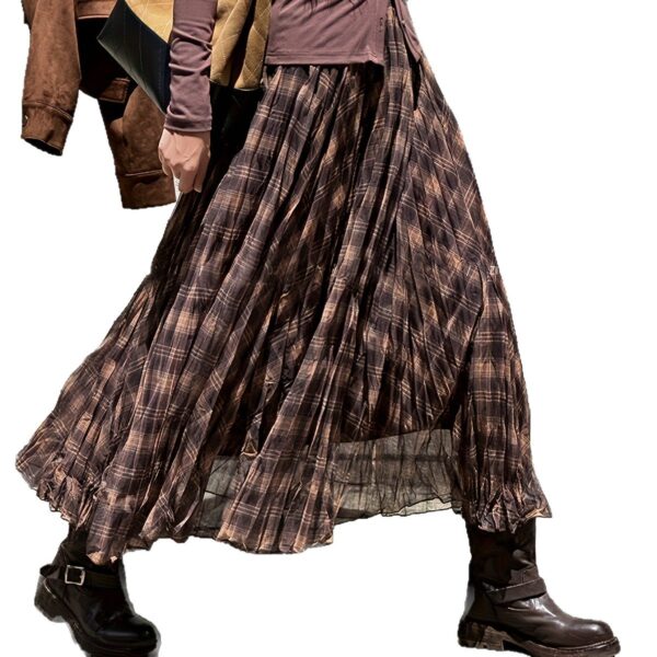 Womens Plaid Chiffon Pleated Skirt
