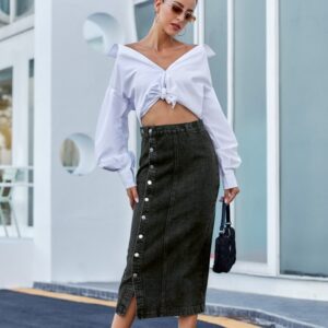 28afeb9c-093a-4046-9e9c-20a663d8b557.jpg Button Irregular Slit Skirt Denim High Waist Long Skirt