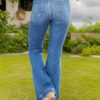 Women High Waist Front Double Pocket Washed Flare Denim Pants Slim Drape Jeans For Outdoor Garden Casual Daily Wear