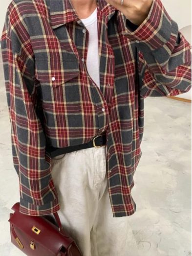 Amazon Ozon Cross-Border Women's Shirt Retro Style Loose 2025 Spring Autumn Winter Plaid Long-Sleeve Pocket Shirt Versatile
