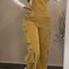Women Casual Multi Pocket Corduroy Overalls Jumpsuits Straight Leg Cargo Pants