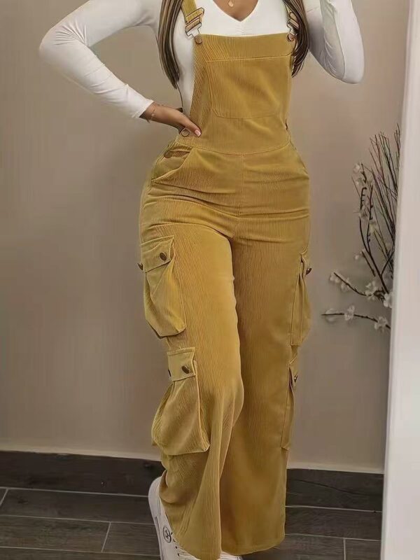 Women Casual Multi Pocket Corduroy Overalls Jumpsuits Straight Leg Cargo Pants