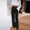 Women High Waist Wide Leg Pants Decorative Buttons Casual Loose Straight Leg Trousers With Pockets