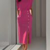 2026 European And American Women's Round Neck Sleeveless Button Slit Solid Color Fashionable Versatile Dress