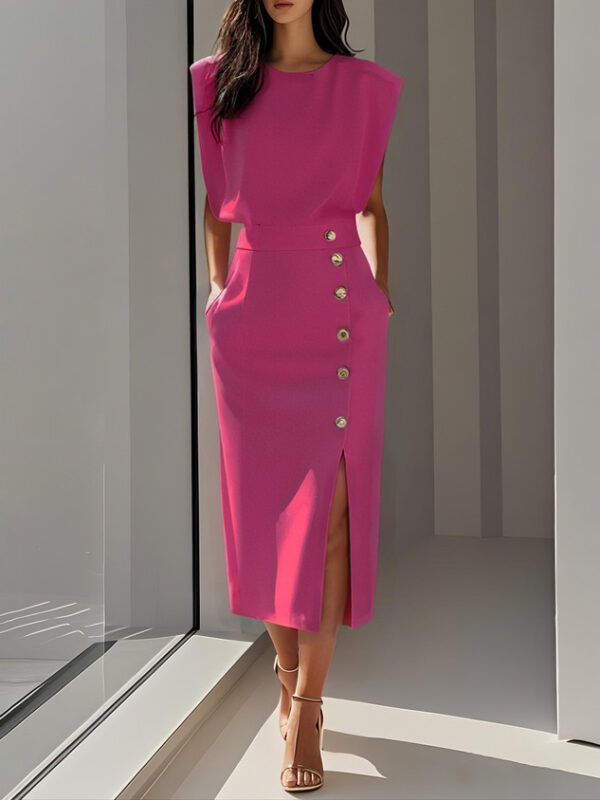2026 European And American Women's Round Neck Sleeveless Button Slit Solid Color Fashionable Versatile Dress