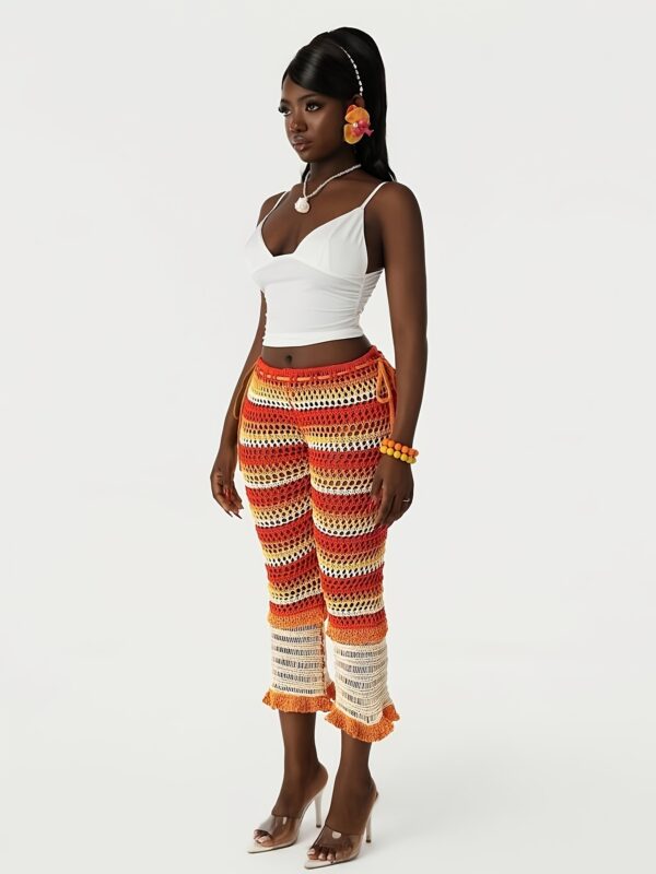 Spring Summer European Casual Fashion Mesh Pants With Open Holes And Striped Patterns Suitable For Various Outfits With Drawstring Waist And Single Piece Design