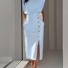 2026 European And American Women's Round Neck Sleeveless Button Slit Solid Color Fashionable Versatile Dress