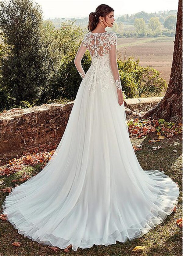 36307595-34fc-43bb-9bd6-c38ae4532e9a.jpg High U-neck Lace Long Sleeve A- Line Long Tail Simple Wedding Dress