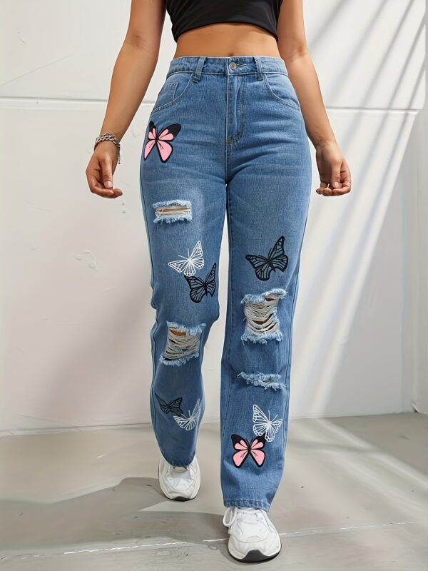 37655952-d52a-4b0e-a97b-7ec834eb16a6.jpg High Waisted Straight Leg Jeans For Women Trendy Butterfly Print Ripped Distressed Denim Pants