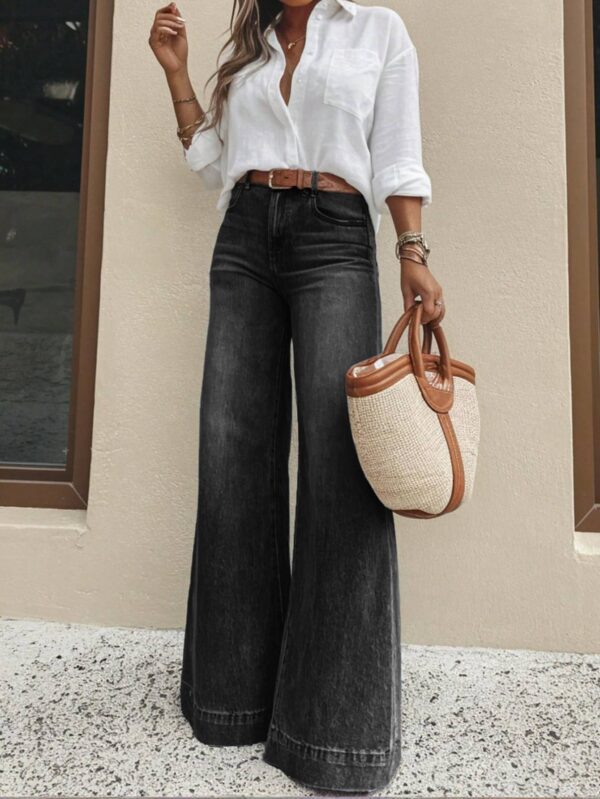 Vintage Washed Black High Waist Wide Leg Jeans Women Loose Floor Length Denim Pants Casual Relax Fit Pocket Retro Denim Trousers
