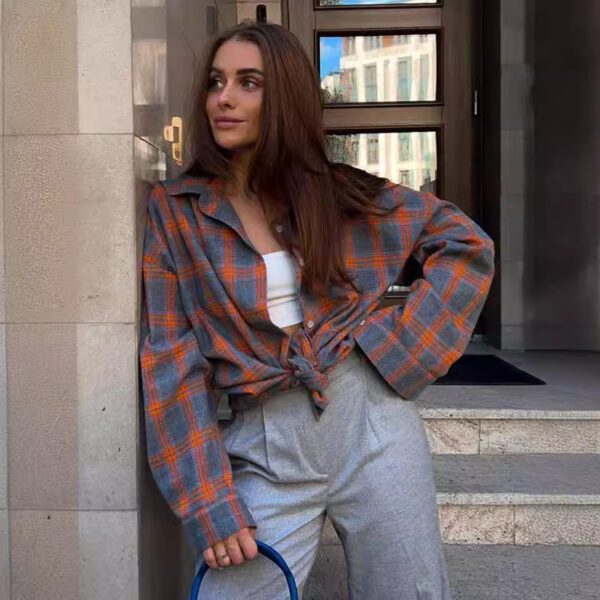 Amazon Ozon Cross-Border Women's Shirt Retro Style Loose 2025 Spring Autumn Winter Plaid Long-Sleeve Pocket Shirt Versatile