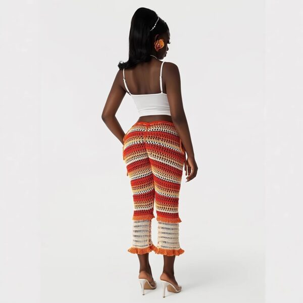 Spring Summer European Casual Fashion Mesh Pants With Open Holes And Striped Patterns Suitable For Various Outfits With Drawstring Waist And Single Piece Design