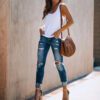 Retro High-waisted Stretch Jeans With Ripped Feet And Slimming
