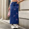 Womens Embroidered Bow Denim Skirt, Street-Style Long Dress, Wrinkle-Resistant, Solid Color, Blue