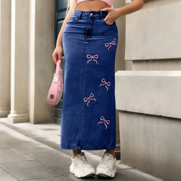 Womens Embroidered Bow Denim Skirt, Street-Style Long Dress, Wrinkle-Resistant, Solid Color, Blue
