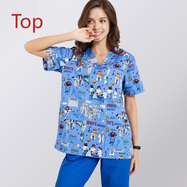 3ee16bbb-848b-47ee-8cc9-408350d28033.jpg Printed Surgical Gown Polyester Cotton Short Sleeve Doctor Nurses' Uniform Children's Beauty Salon Split Suit