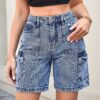 Womens Straight-Leg Denim Overalls Shorts Loose-Fit High-Waisted