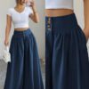 Cross-border European And American New Ladies' Fashion High-end Casual Solid Color Button Pleated Loose Wide-leg Floor-length Pants