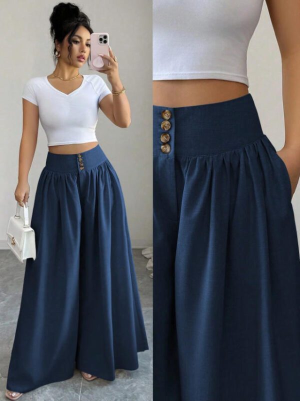 Cross-border European And American New Ladies' Fashion High-end Casual Solid Color Button Pleated Loose Wide-leg Floor-length Pants