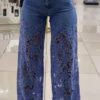 Y2K Lace Flowers Hollow Jeans Fashion High Waist Straight Wide Leg Pants Solid Color Trousers Women's Clothing
